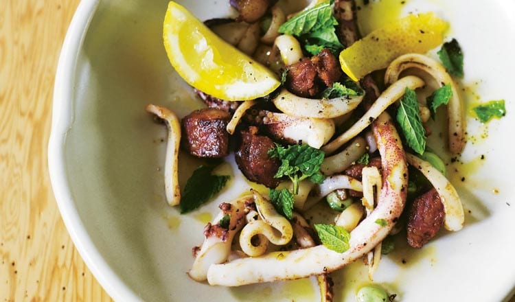 Pan-fried Squid with Broad Beans and Chorizo