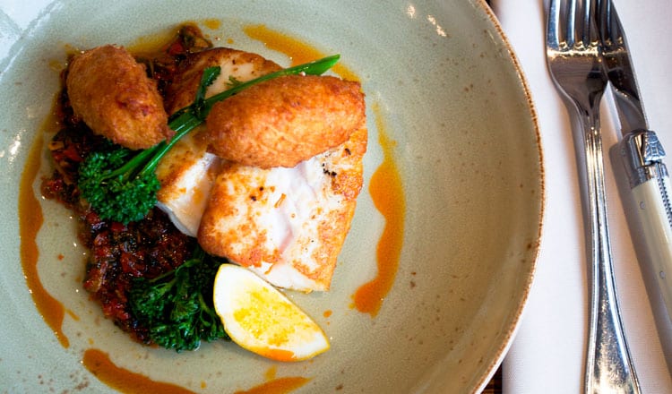 Hapuka with Piquillo Pepper and Pumpkin Seed Chimmichurri , Salt Cod Fritters with Broccolini