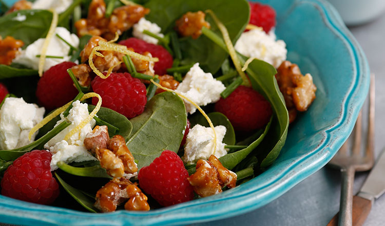 Raspberry, Spinach & Persian Feta Salad With Salted Candied Walnuts