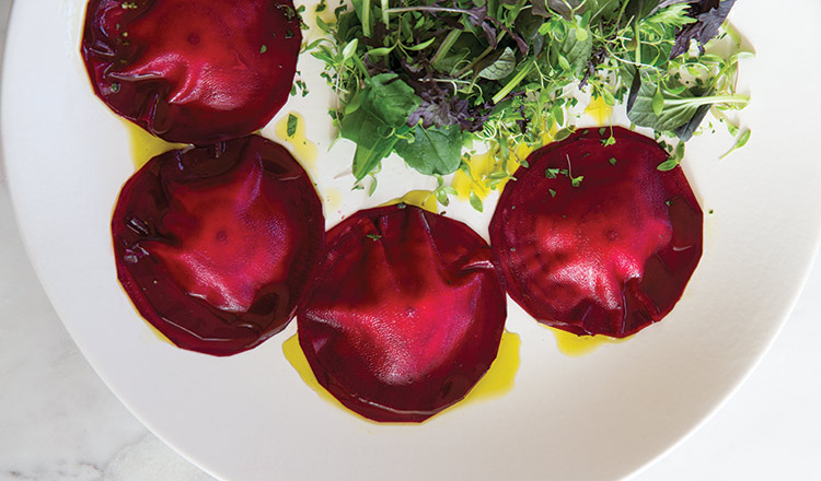 Beetroot, Balsamic & Macadamia Cheese Ravioli With Basil Oil