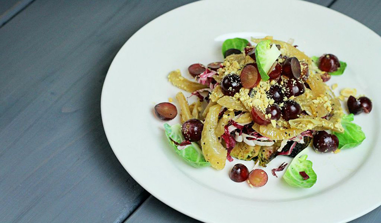 Roasted Brussel Sprout Salad With Caramelized Fennel, Marcona Almonds & Fresh Red Grapes