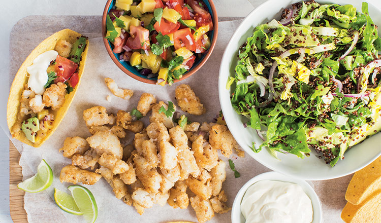 Fish Tacos With Mango, Coriander, Tomato Salsa & Avocado Quinoa Salad