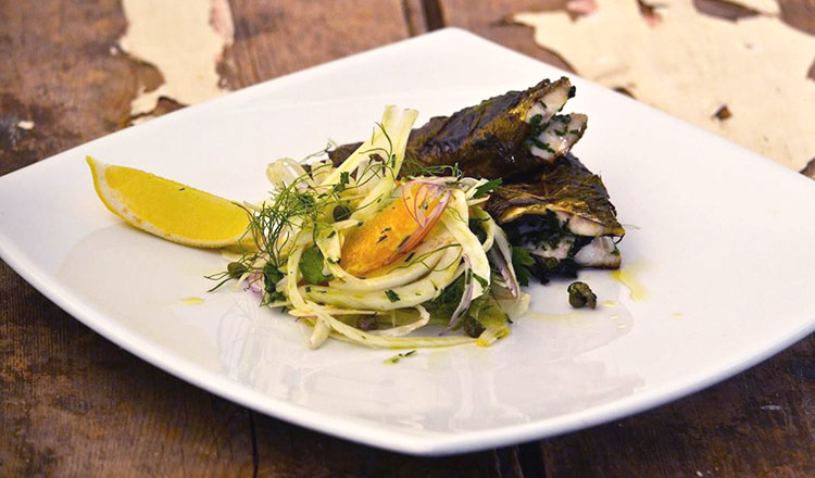 South Australian Tommy Ruff Fillets In Vine Leaves With Fennel Orange Salad