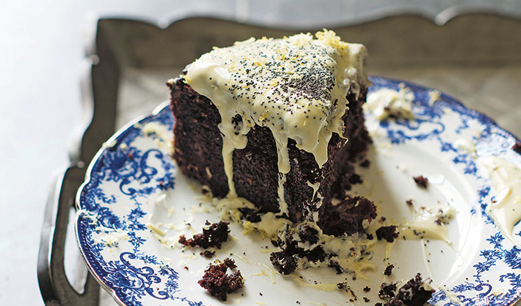 Chocolate & Guinness Date Cake with White Chocolate & Lemon Topping