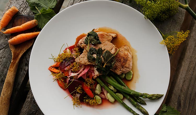 Lyndey Milan's Pork Steaks With Stinging Nettle Sauce, Quick Pickle, Asparagus & Broad Bean Salad