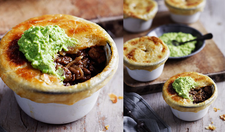 Little Beef & Onion Pot Pies With Mushy Peas