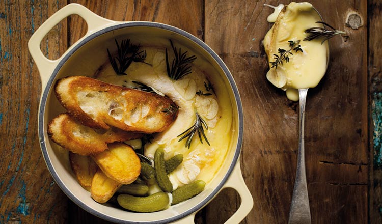 Baked Vacherin With New Potatoes, Toast & Cornichons