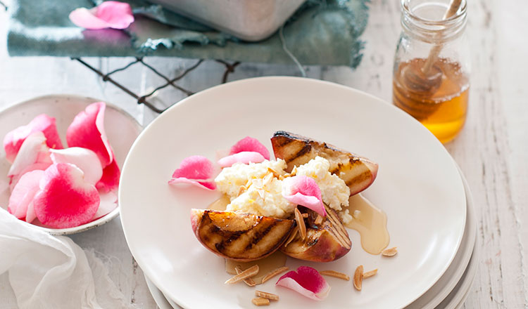 White Peaches, Ricotta, Honey & Rose Petal Dessert