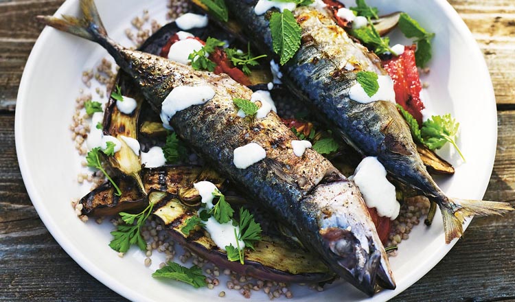 Mackerel with Barley, Eggplant and Garlic Yoghurt seafood recipe 