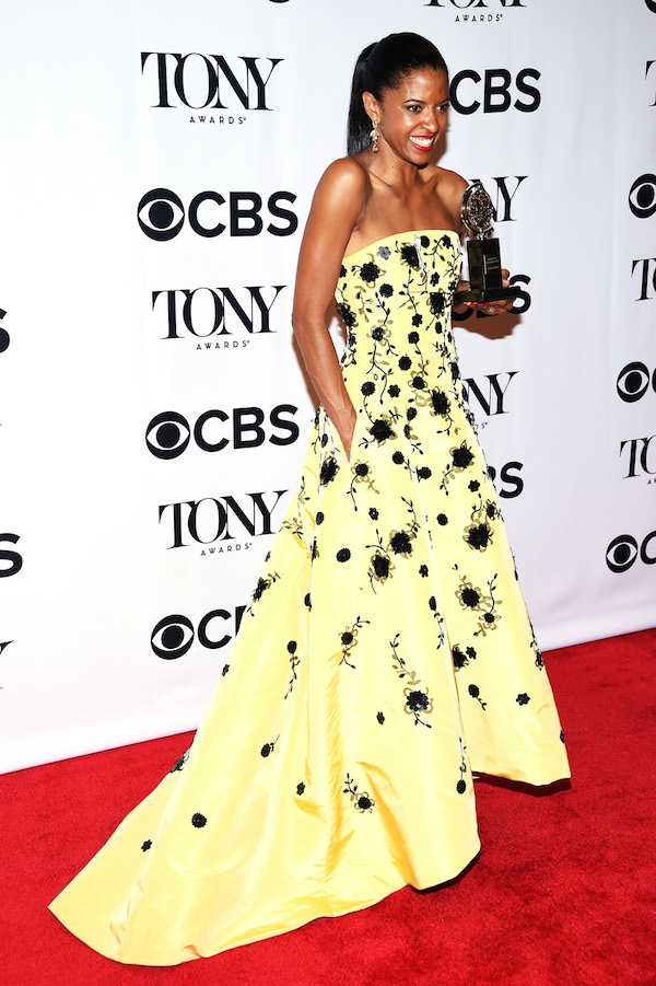 Actress Renee Elise Goldsberry poses with her award for Best Performance by an Actress in a Featured Role in a Musical for "Hamilton" during the 70th Annual Tony Awards