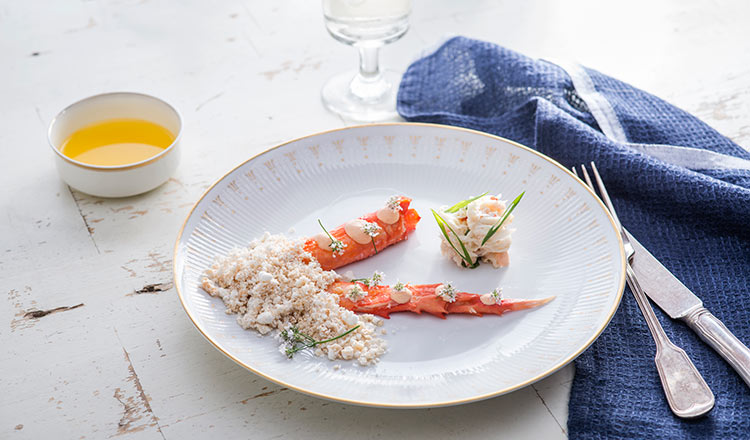 Eat & Cruise Around The World With Curtis Stone: Crab Leg Served with Chicharron Powder (Crispy Pig Skin Crumble), Fermented Soybean Aioli and Clarified Butter. 