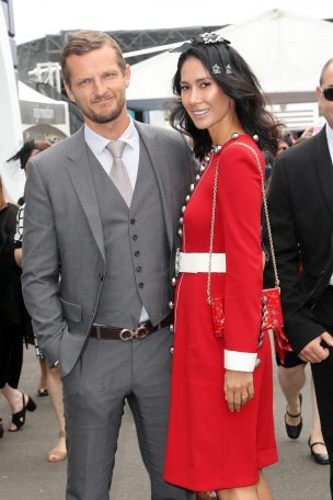 Adam Ellis and Lindy Klim pose at The Birdcage on Melbourne Cup Day at Flemington Racecourse on November 1, 2016 in Melbourne, Australia. (Photo by Scott Barbour/Getty Images)