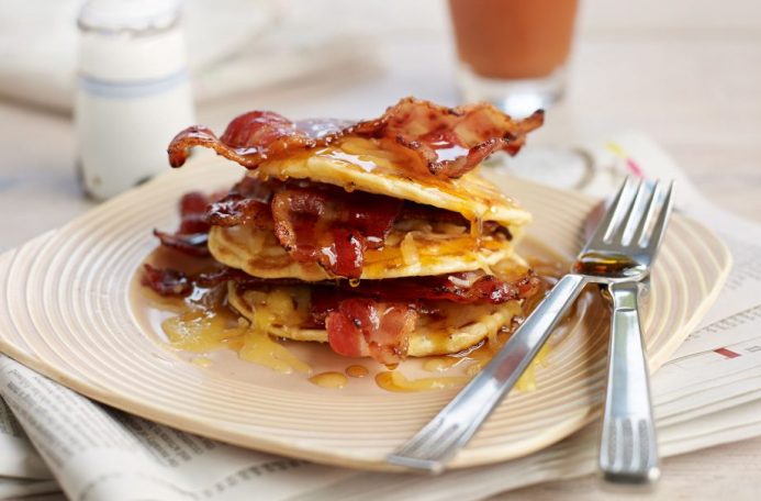 bacon, blueberry, pancakes