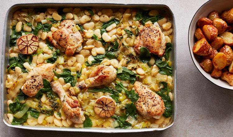 Tray-Baked Chicken With Butter Beans, Leeks And Spinach