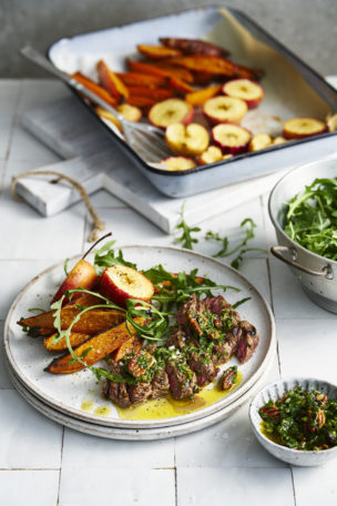 Rump steak, sweet potatoes