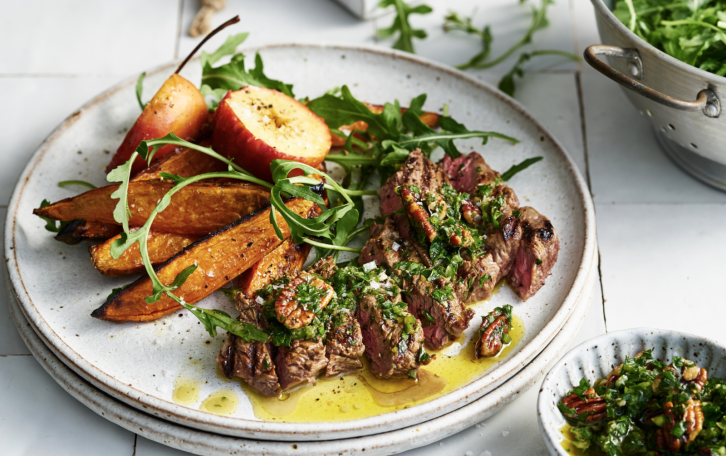 Rump Steak With Green Chilli Sauce, Roasted Sweet Potato And Apples