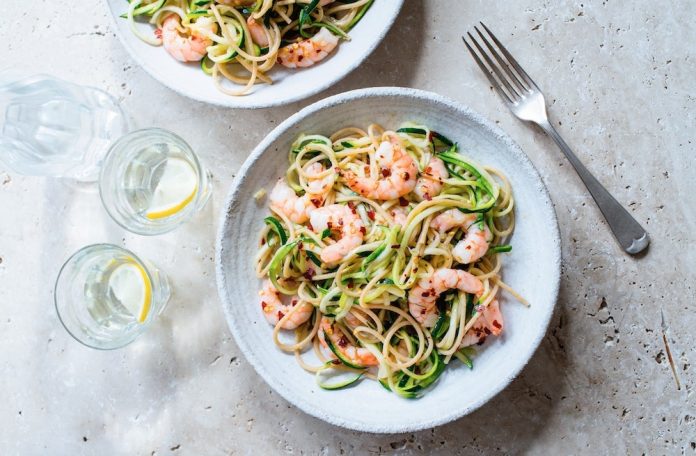 Prawn zoodles and spaghetti with chilli and lemon