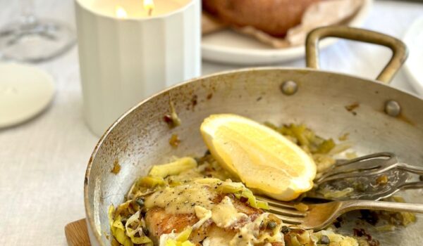 Pan-fried Fish with Leek Preserved Lemon and Tahini.